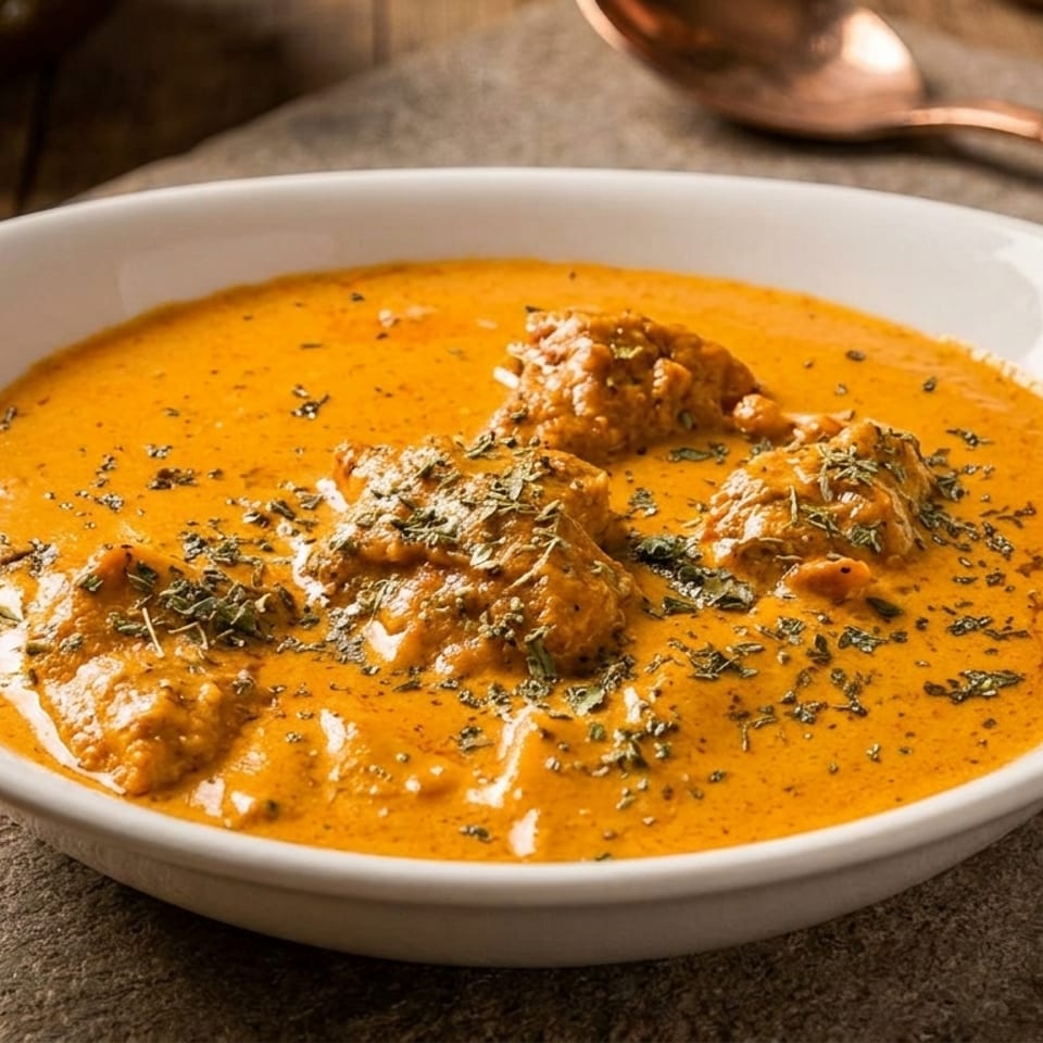 White bowl of creamy orange curry with several meatballs, herbs, and spices on a rustic wooden table.