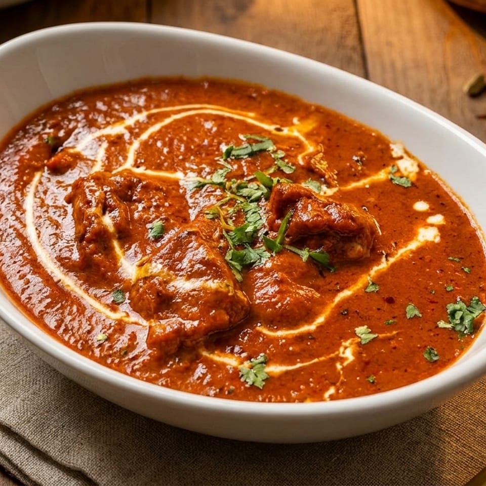 Creamy Indian curry with tender meat, garnished with cilantro and cream, served in a white bowl on a rustic wooden table.
