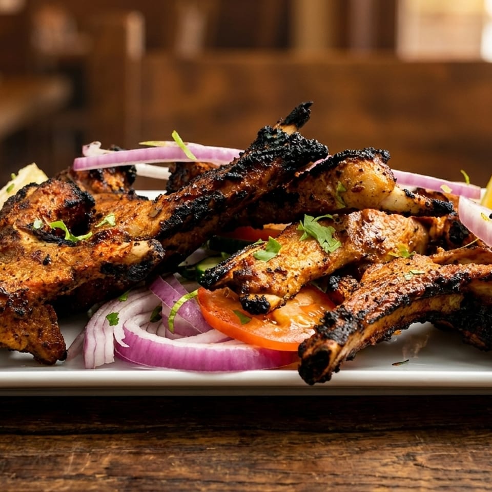 Grilled, charred meat ribs piled on a white plate with red onions, tomato, cilantro, and lemon wedges.