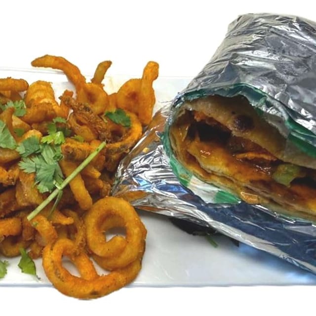 Chicken Tikka Kathi Roll & Fries.
